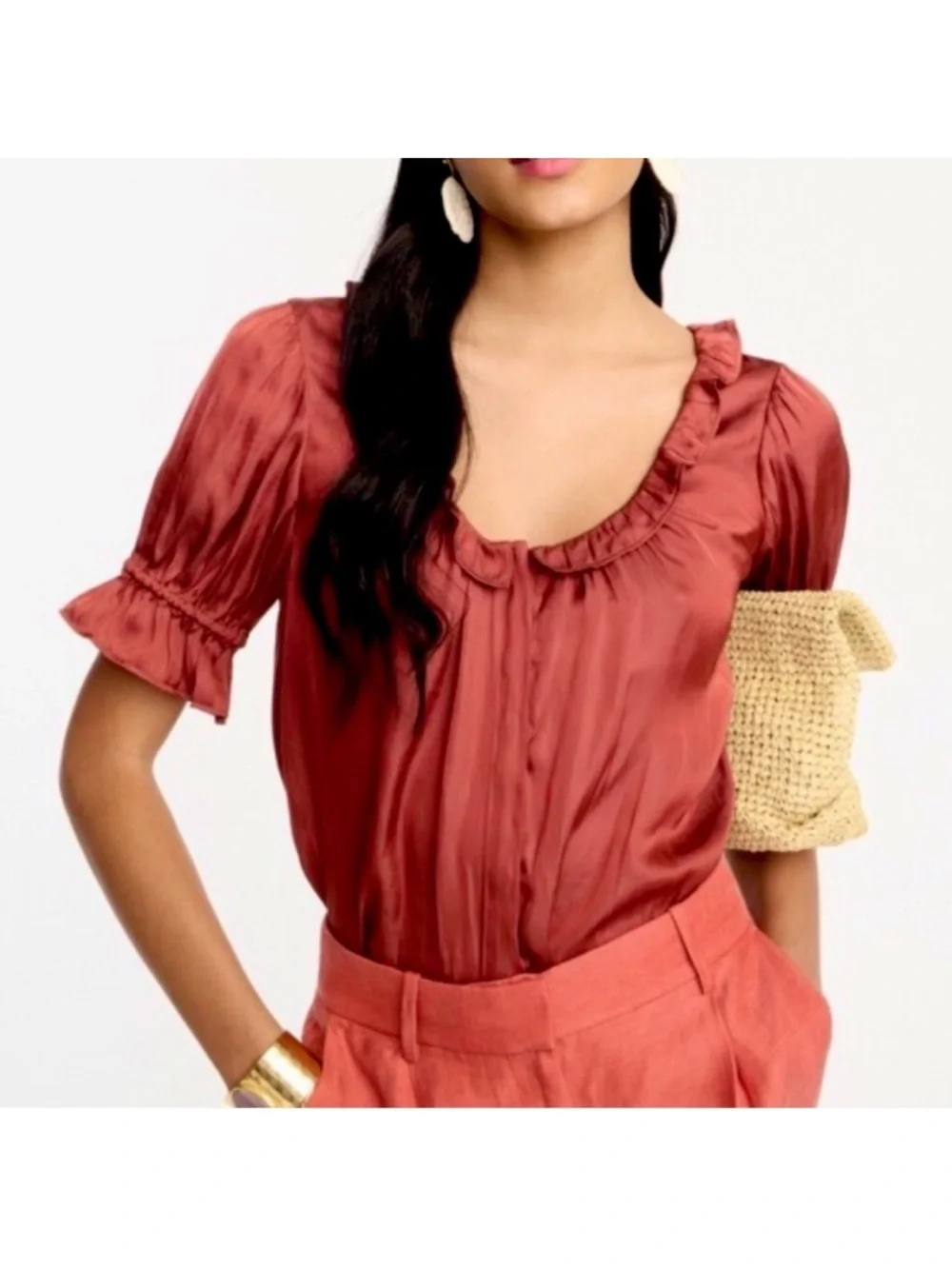 J. Crew Ruffle featherweight satin scoopneck top Rust Red S